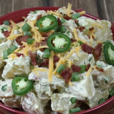 Jalapeño popper potato salad with creamy dressing and garnished with jalapeños.