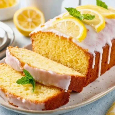 Delicious homemade Lemon Loaf Cake with a slice cut out, showcasing its moist texture.