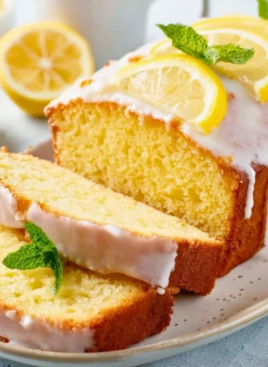 Delicious homemade Lemon Loaf Cake with a slice cut out, showcasing its moist texture.