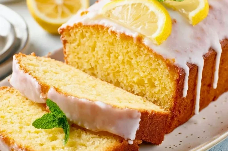 Delicious homemade Lemon Loaf Cake with a slice cut out, showcasing its moist texture.