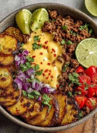 Loaded Fiesta Potato Bowls with cheese and crispy toppings