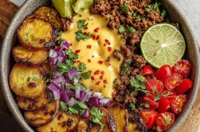 Loaded Fiesta Potato Bowls with cheese and crispy toppings