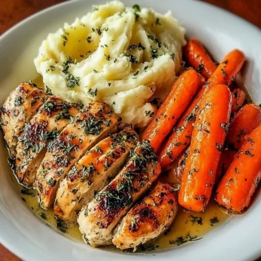 Garlic herb chicken served with mashed potatoes and glazed carrots on a dinner plate.