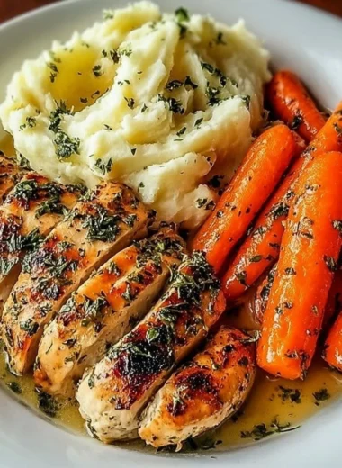 Garlic herb chicken served with mashed potatoes and glazed carrots on a dinner plate.