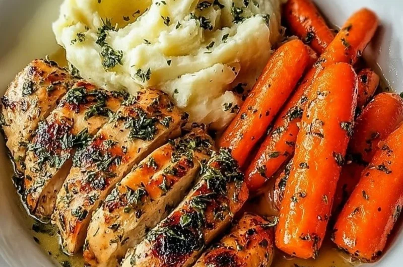 Garlic herb chicken served with mashed potatoes and glazed carrots on a dinner plate.
