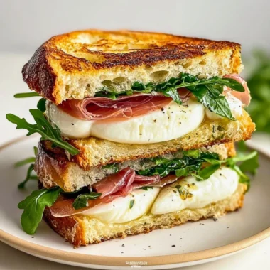 Mozzarella Prosciutto Sandwich with fresh ingredients on a rustic wooden board