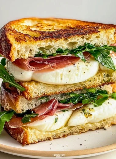 Mozzarella Prosciutto Sandwich with fresh ingredients on a rustic wooden board