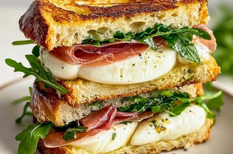 Mozzarella Prosciutto Sandwich with fresh ingredients on a rustic wooden board
