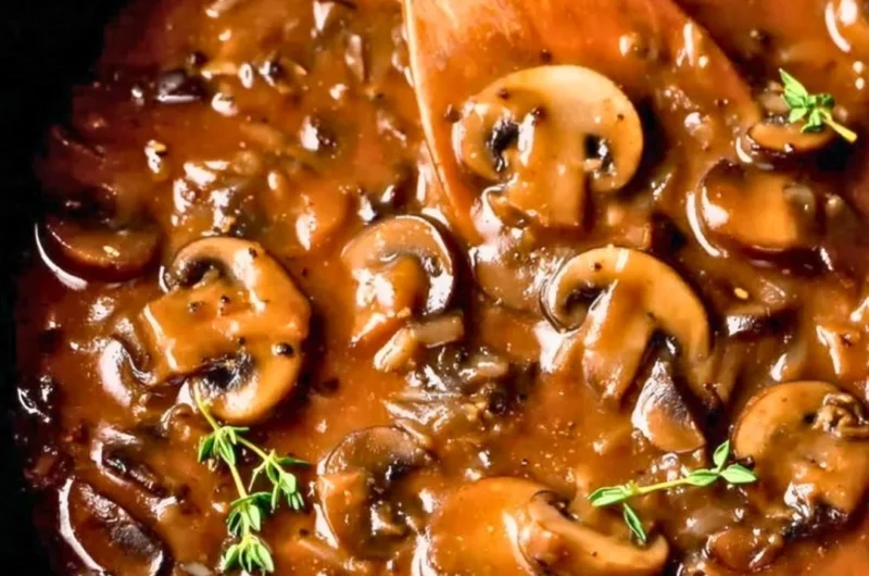 Delicious homemade mushroom gravy served over mashed potatoes
