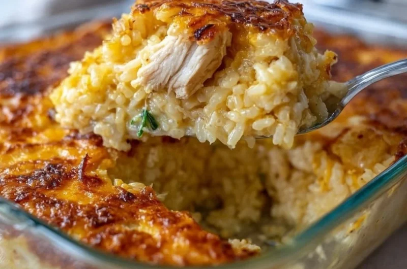 No-Peek Chicken and Rice Casserole dish, easy and delicious recipe