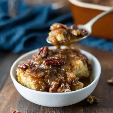 Delicious Pecan Pie Pudding Cake with pecans and caramel topping.