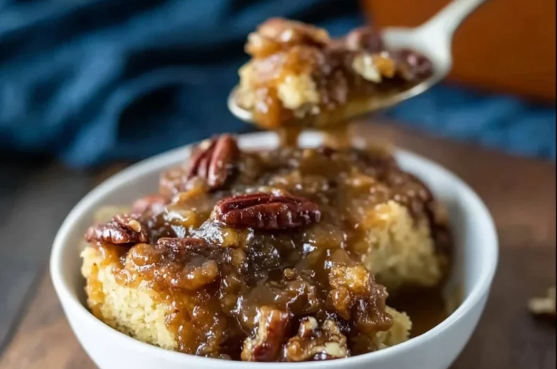 Delicious Pecan Pie Pudding Cake with pecans and caramel topping.