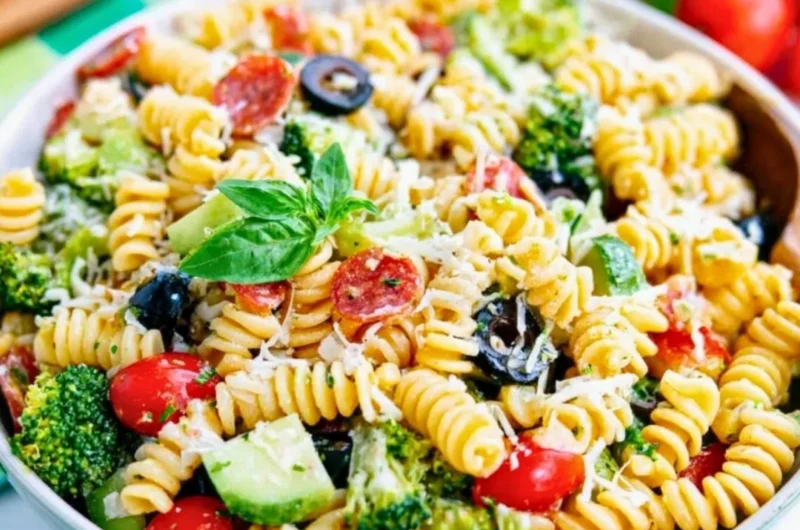 Colorful easy pasta salad with vegetables and Italian dressing in a bowl