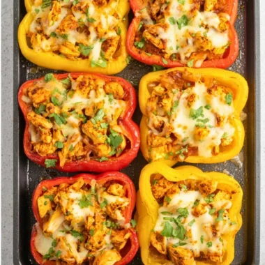 Colorful stuffed peppers filled with chicken and vegetables on a plate.