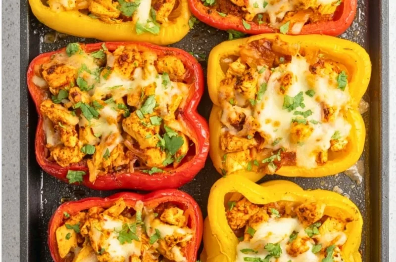 Colorful stuffed peppers filled with chicken and vegetables on a plate.
