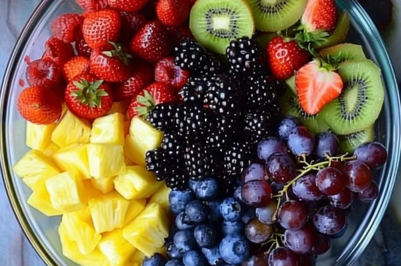 Colorful fruit salad with a variety of fresh fruits in a bowl