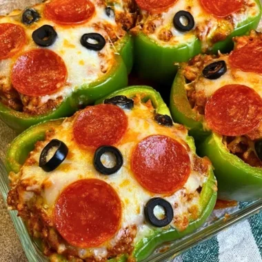 Pizza Stuffed Bell Peppers filled with cheese, pepperoni, and vegetables