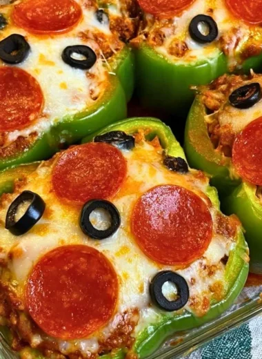 Pizza Stuffed Bell Peppers filled with cheese, pepperoni, and vegetables