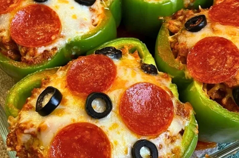 Pizza Stuffed Bell Peppers filled with cheese, pepperoni, and vegetables