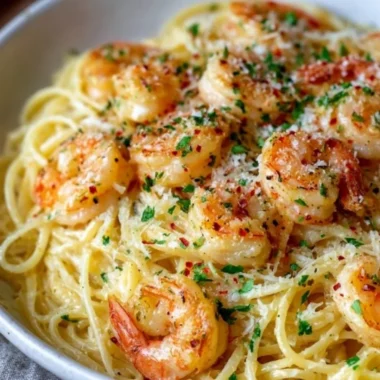 Plate of Shrimp Scampi Garlic Cream Pasta with succulent shrimp and garlic sauce
