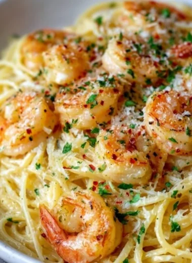 Plate of Shrimp Scampi Garlic Cream Pasta with succulent shrimp and garlic sauce