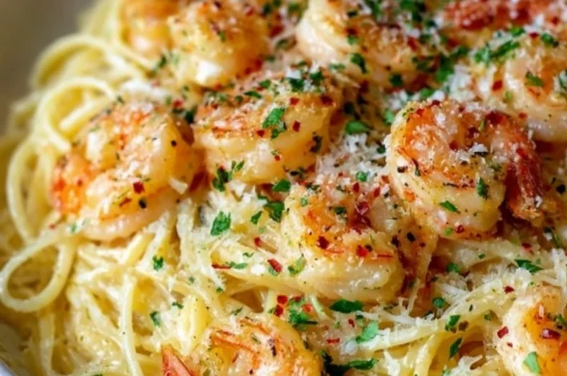 Plate of Shrimp Scampi Garlic Cream Pasta with succulent shrimp and garlic sauce