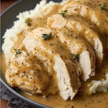 Slow cooker chicken and gravy served with mashed potatoes
