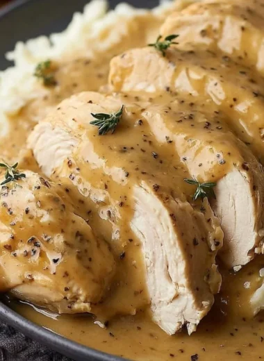 Slow cooker chicken and gravy served with mashed potatoes