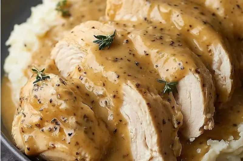 Slow cooker chicken and gravy served with mashed potatoes