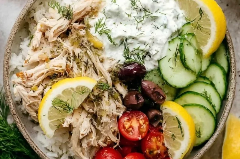 Delicious Slow Cooker Greek Chicken garnished with herbs and olives