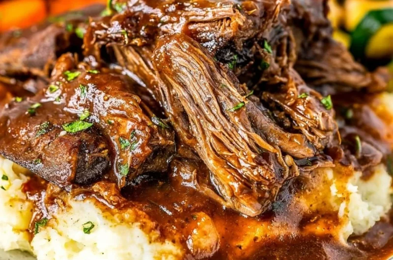 Delicious slow cooker short ribs served with vegetables on a plate.