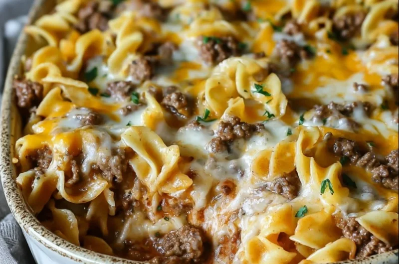 Sour cream beef noodle casserole served in a baking dish