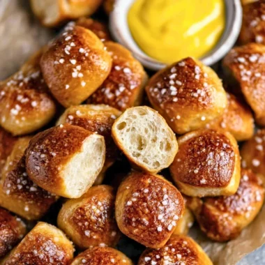 Bowl of delicious sourdough pretzel bites on a wooden table