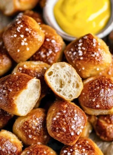 Bowl of delicious sourdough pretzel bites on a wooden table