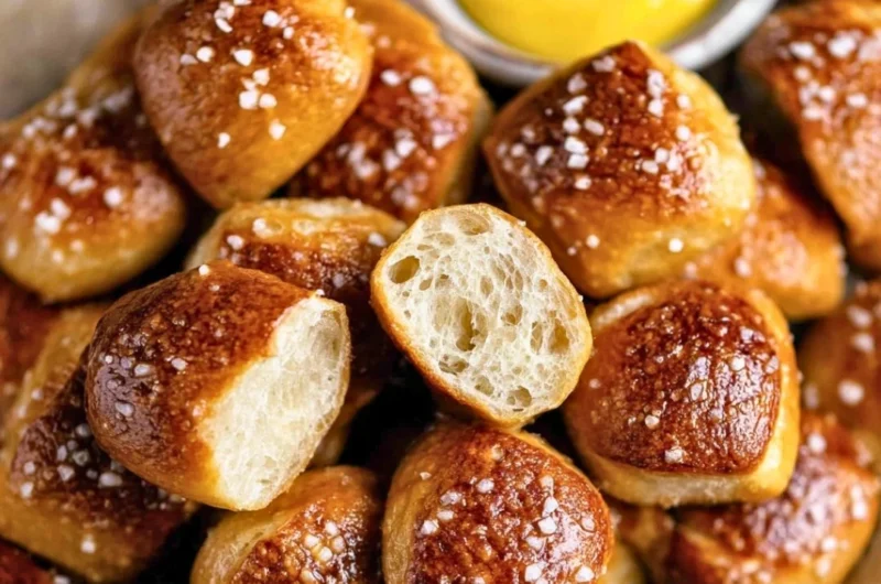 Bowl of delicious sourdough pretzel bites on a wooden table