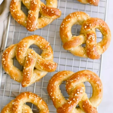 Homemade sourdough pretzels sprinkled with coarse sea salt.