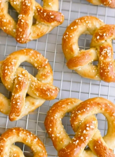 Homemade sourdough pretzels sprinkled with coarse sea salt.