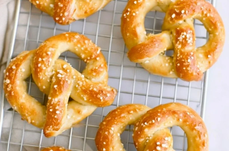 Homemade sourdough pretzels sprinkled with coarse sea salt.