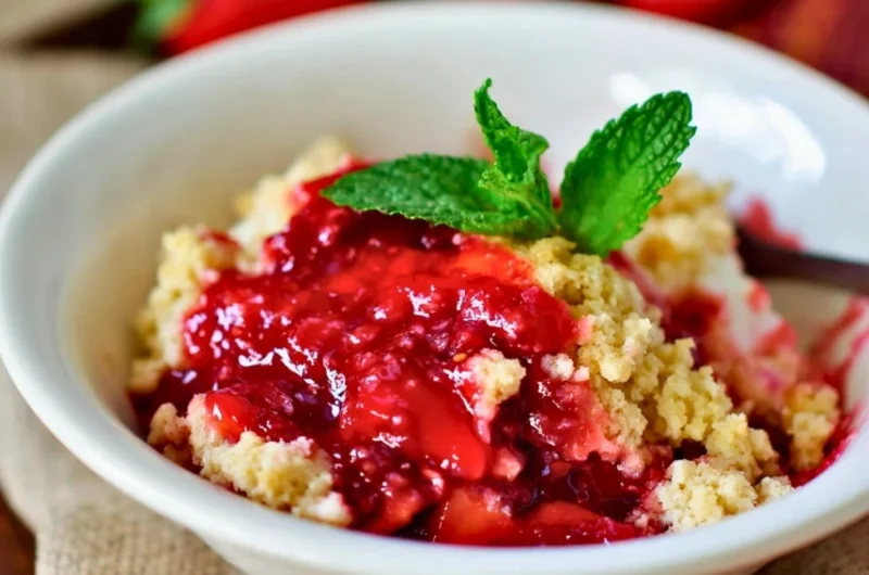 Delicious homemade strawberry cobbler dessert with fresh strawberries and crumbly topping