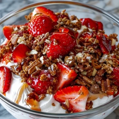Delicious Strawberry Crackle Salad with crispy toppings and fresh strawberries