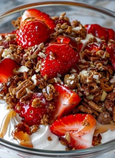 Delicious Strawberry Crackle Salad with crispy toppings and fresh strawberries