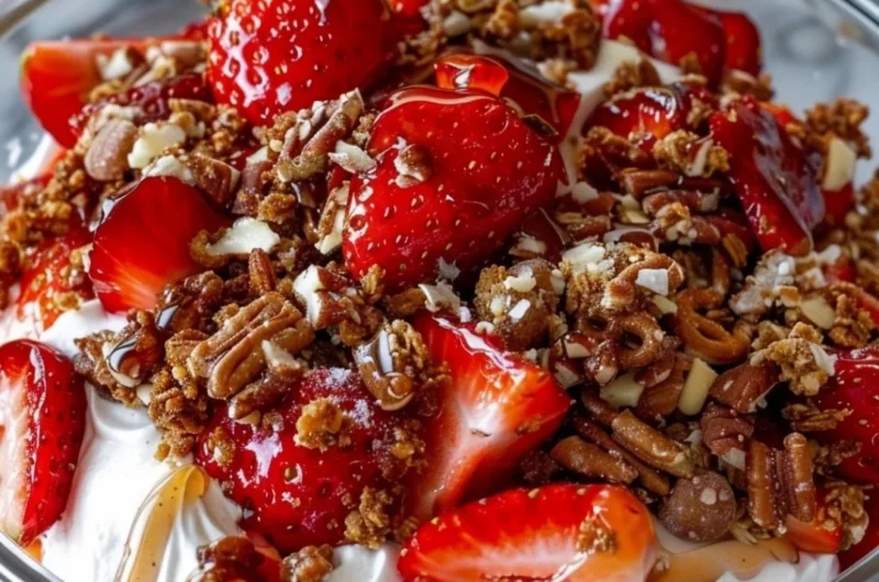 Delicious Strawberry Crackle Salad with crispy toppings and fresh strawberries