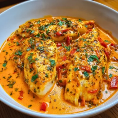 Tilapia fillets served with roasted pepper sauce on a plate.