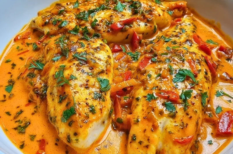 Tilapia fillets served with roasted pepper sauce on a plate.