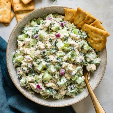 Delicious Tzatziki Chicken Salad served in a bowl with fresh herbs and vegetables.