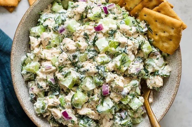 Delicious Tzatziki Chicken Salad served in a bowl with fresh herbs and vegetables.