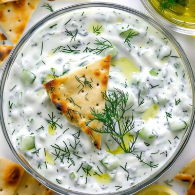 Delicious homemade Tzatziki Sauce with cucumber and garlic in a bowl.