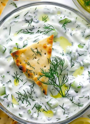 Delicious homemade Tzatziki Sauce with cucumber and garlic in a bowl.