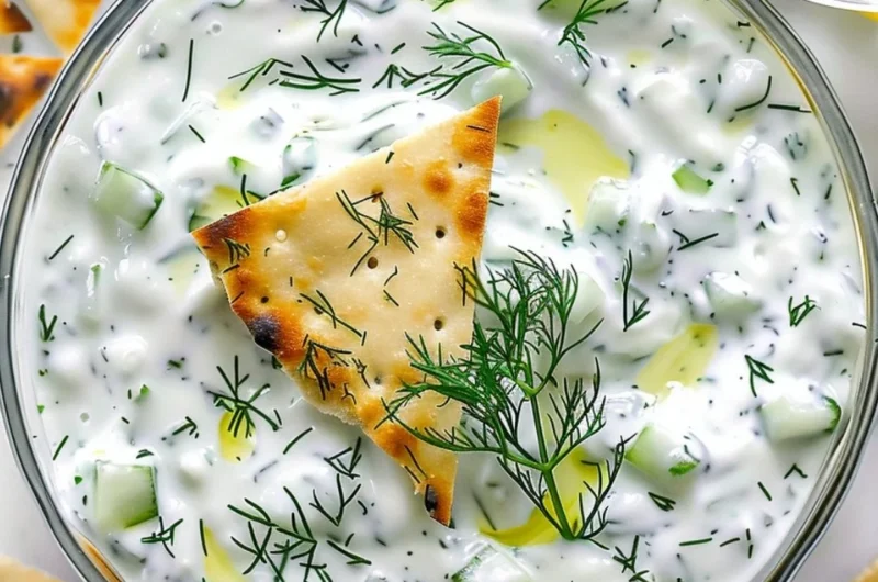 Delicious homemade Tzatziki Sauce with cucumber and garlic in a bowl.