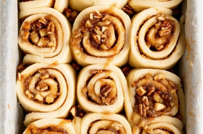 Freshly baked apple pecan cinnamon rolls topped with icing on a plate.